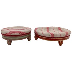 Two French Round Footstools Padded with Hay, Red Stripe Linen Tops, Late 1800s