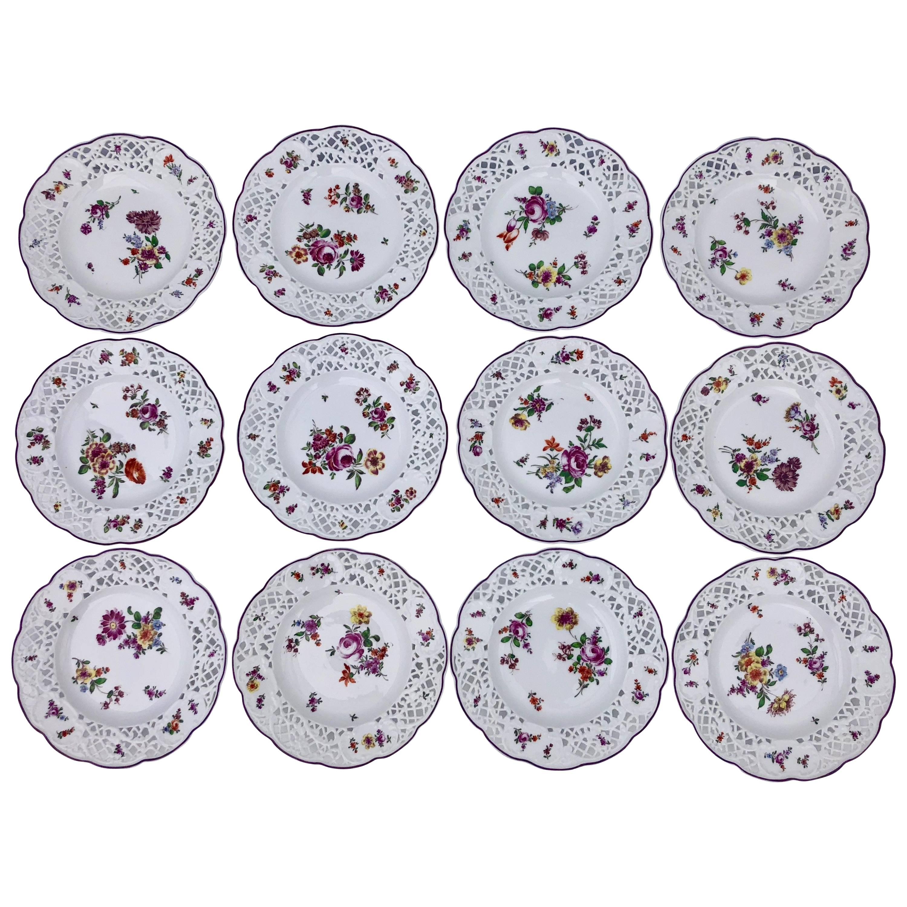 24 Meissen Plates with Reticulated Borders and Floral Decoration, Early 1900s For Sale