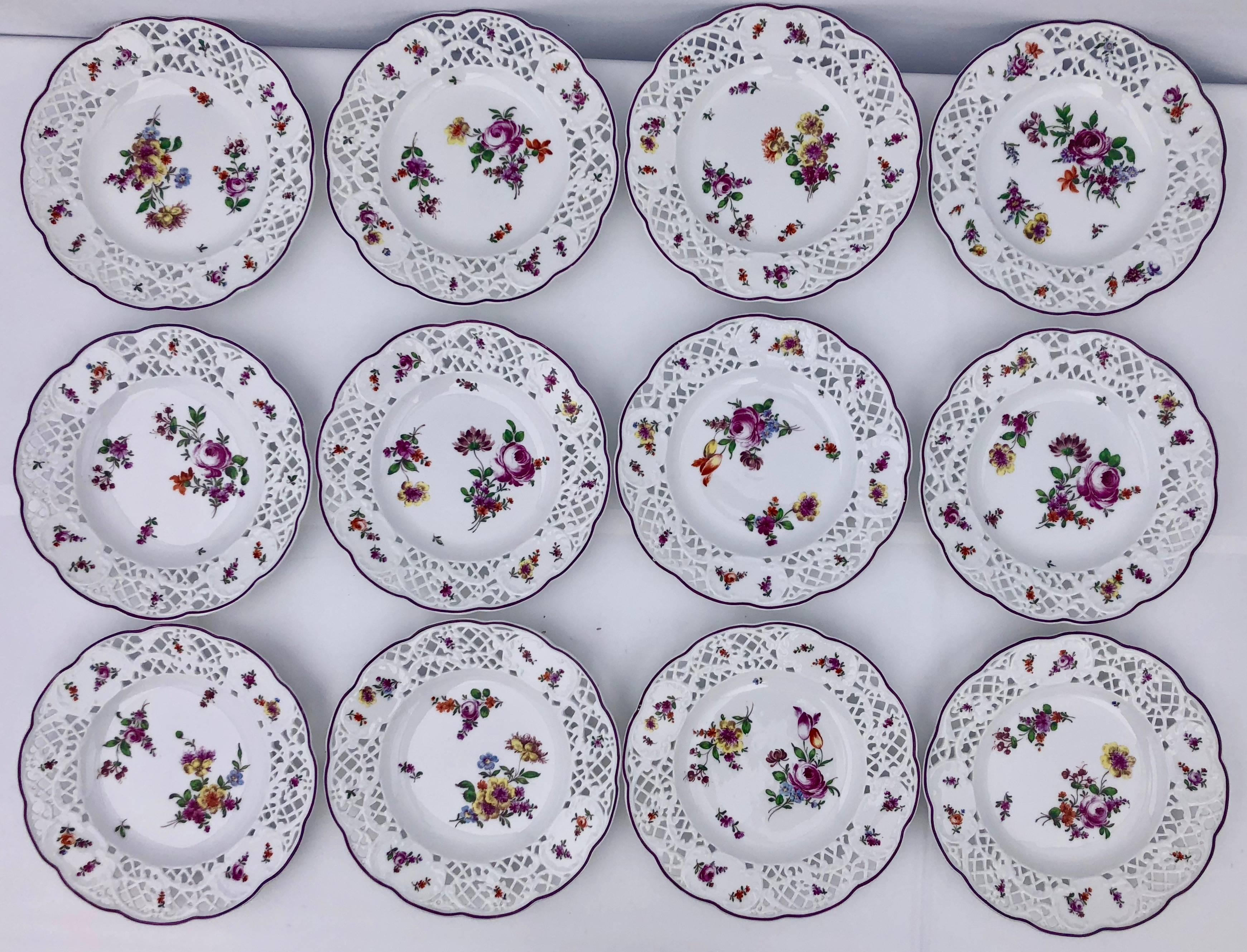 Louis XIV 24 Meissen Plates with Reticulated Borders and Floral Decoration, Early 1900s For Sale