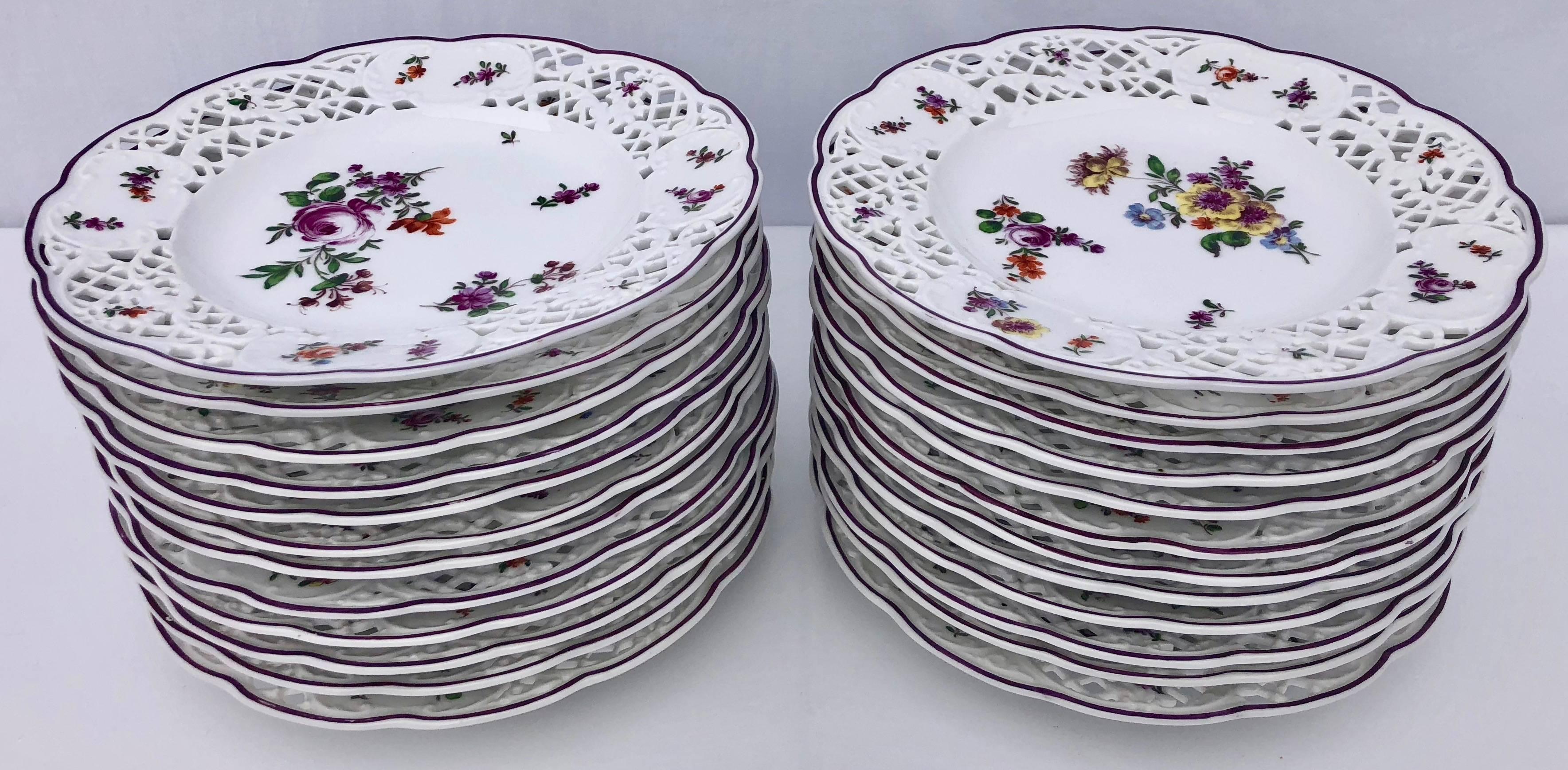 20th Century 24 Meissen Plates with Reticulated Borders and Floral Decoration, Early 1900s For Sale