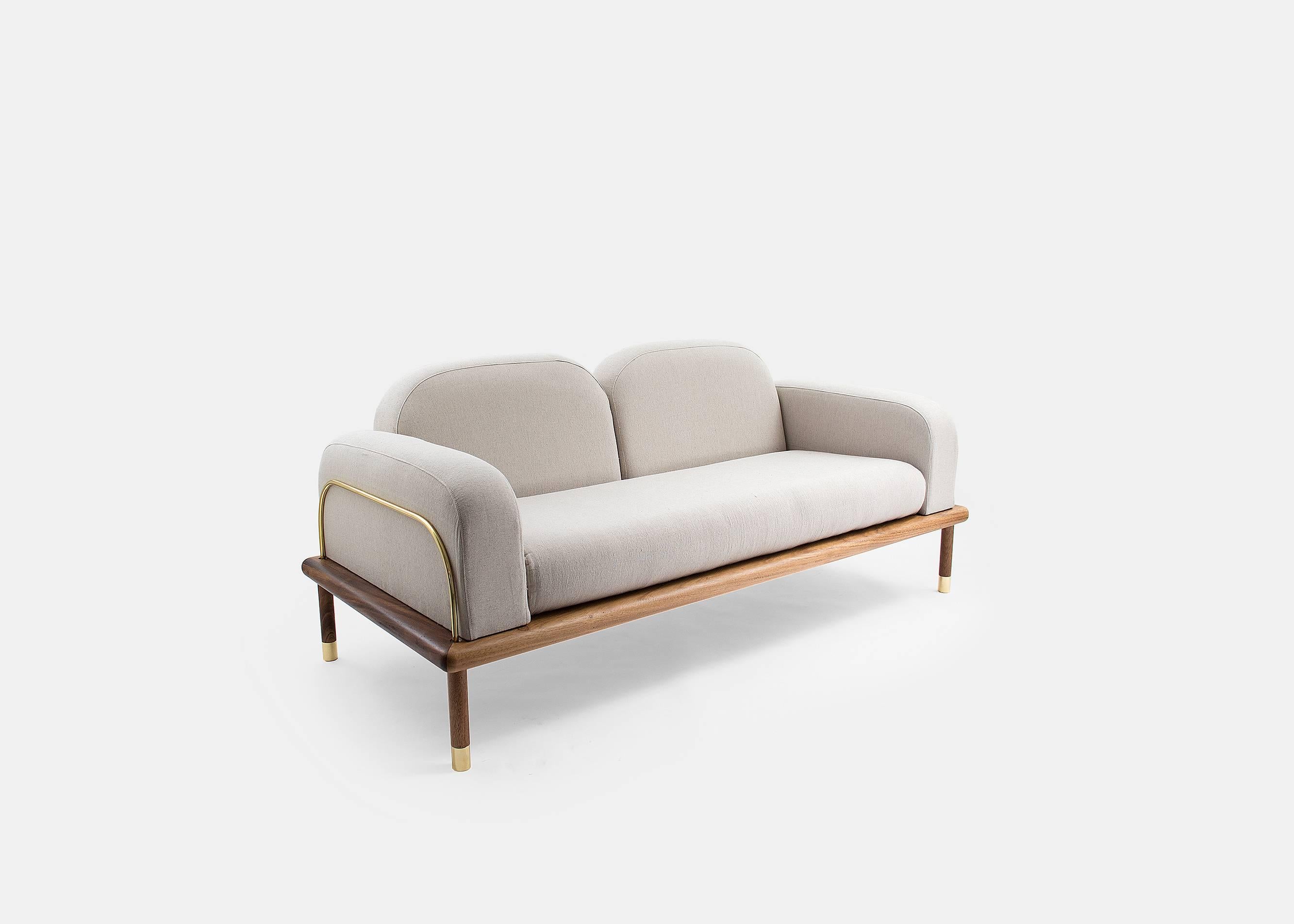 Prado/Sofa in Parota Wood and Details in Cooper or Brass For Sale 1
