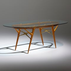 Ico Parisi, Exceptional Oval Dining Table in Elm, Glass, and Bronze, Italy 1950s