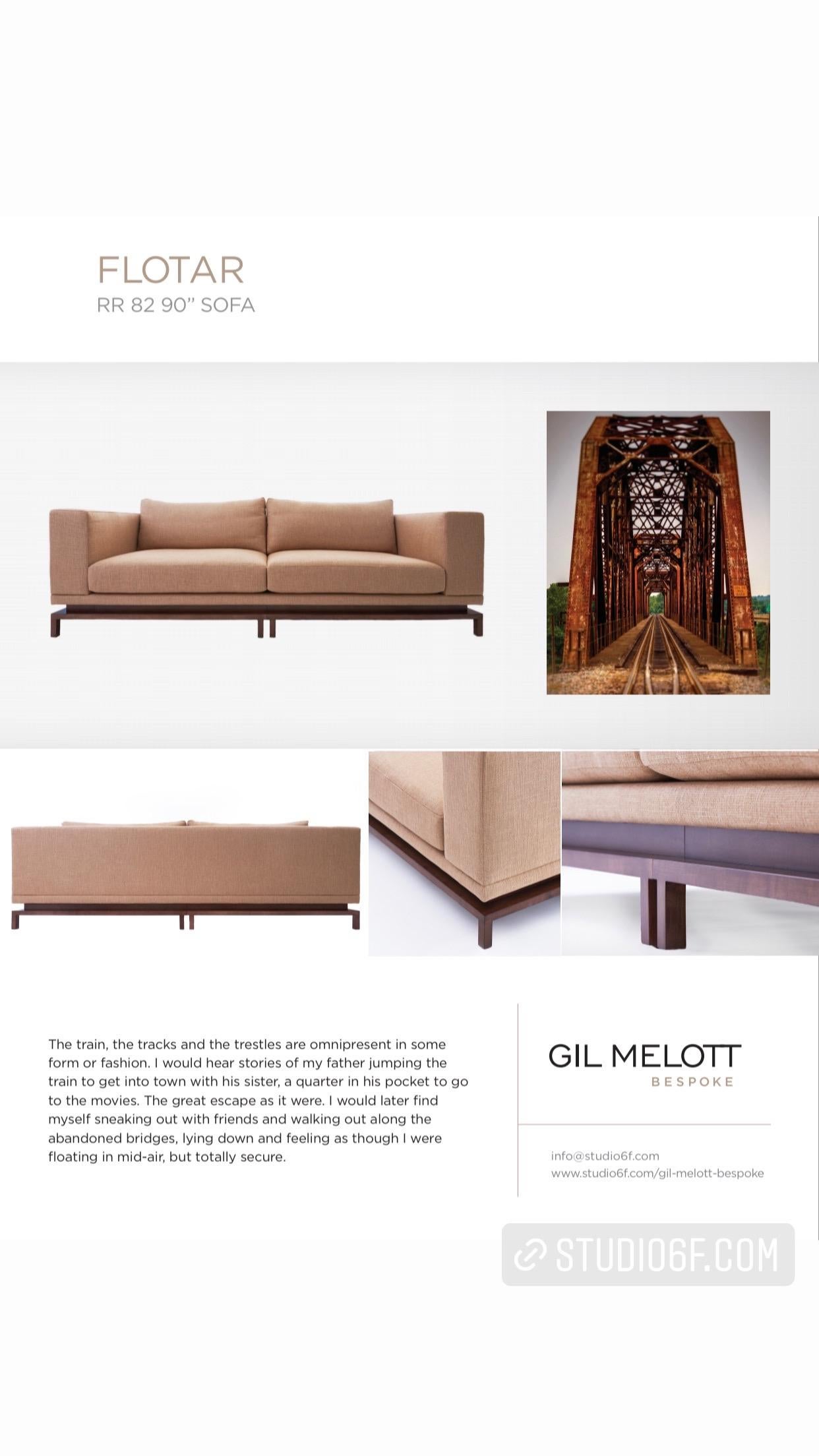 Custom Contemporary Sofa Wheat Linen Walnut Base Gil Melott Bespoke For Sale 4