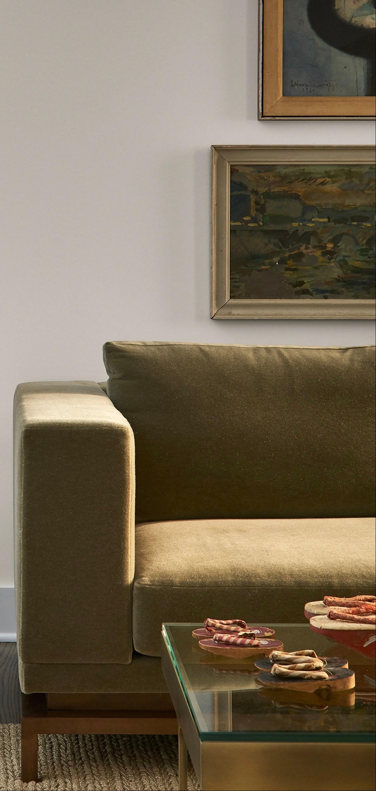 Custom Contemporary Sofa Wheat Linen Walnut Base Gil Melott Bespoke For Sale 6