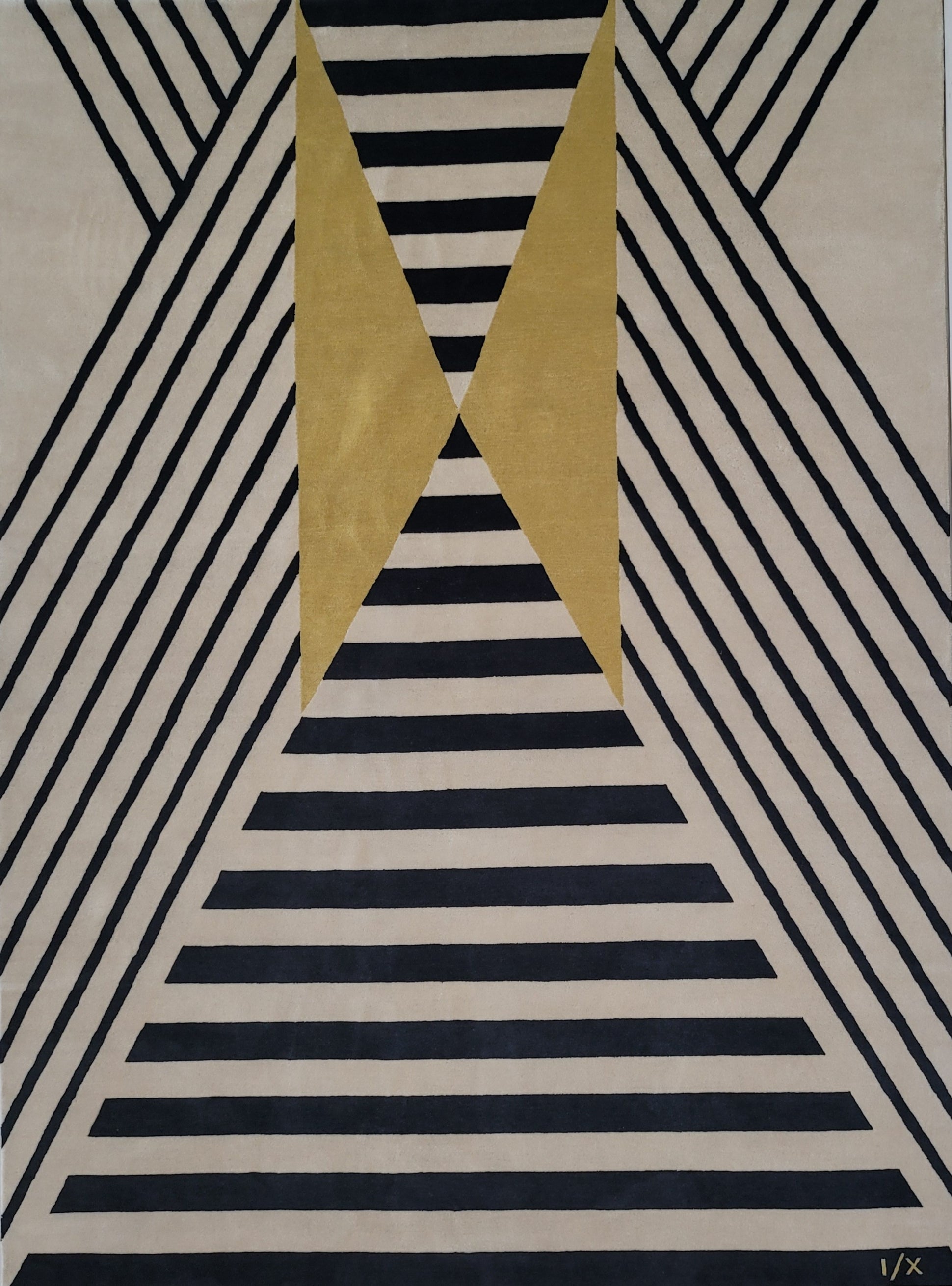 Rug stripe Wool Carpet Hand Knotted limited yellow black White Modern Geometric For Sale