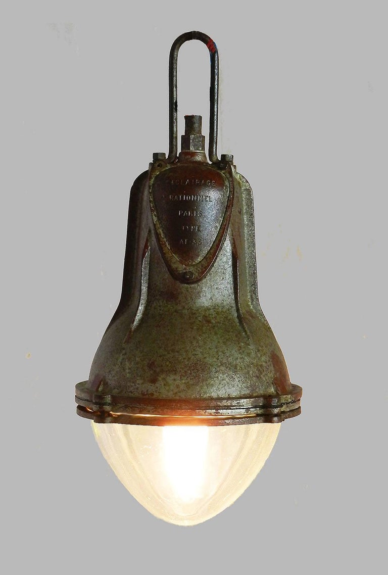 pair industrial pendant lights french glass iron chains midcentury
