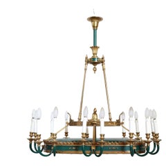 Early 20th Century Chandelier, Gilded Bronze and Green Lacquered Metal 20 Bulbs
