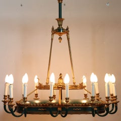 Early 20th Century Chandelier, Gilded Bronze and Green Lacquered Metal 20 Bulbs
