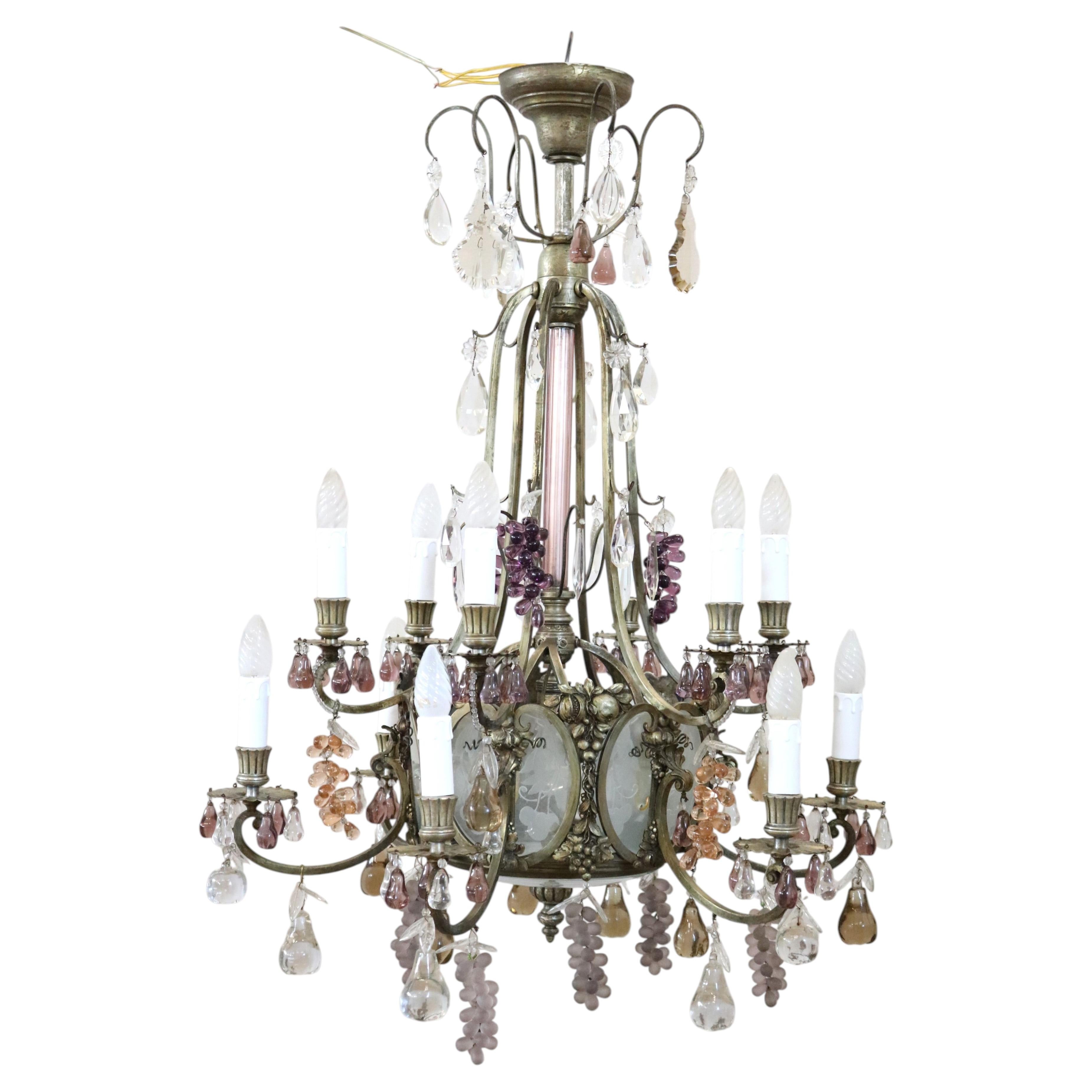 Art Nouveau Chandelier in Bronze and Glass Fruit pendants, 19 Bulbs