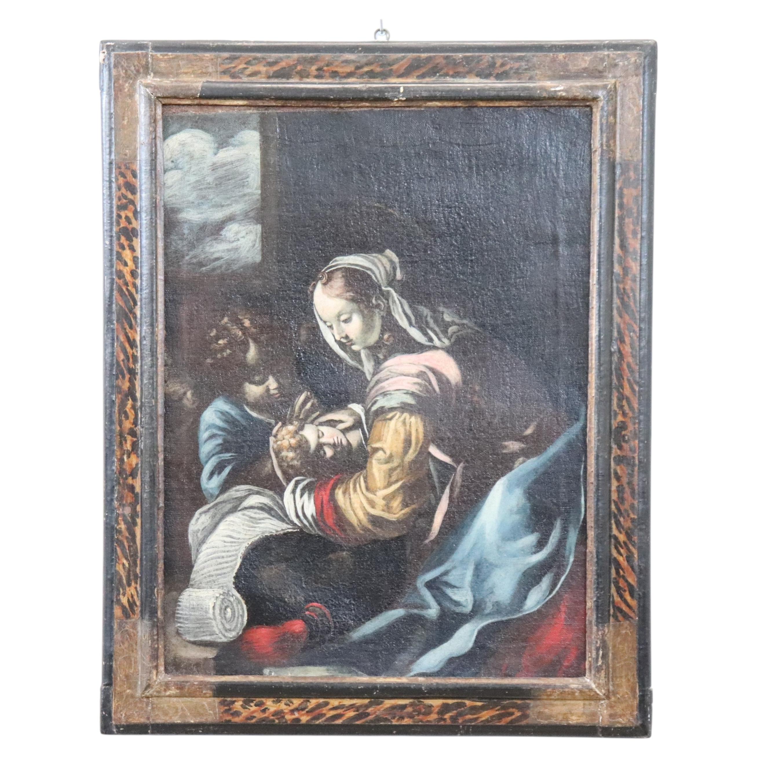Oil Painting on Canvas, Madonna with Child and Angel 17th Century Italian School For Sale
