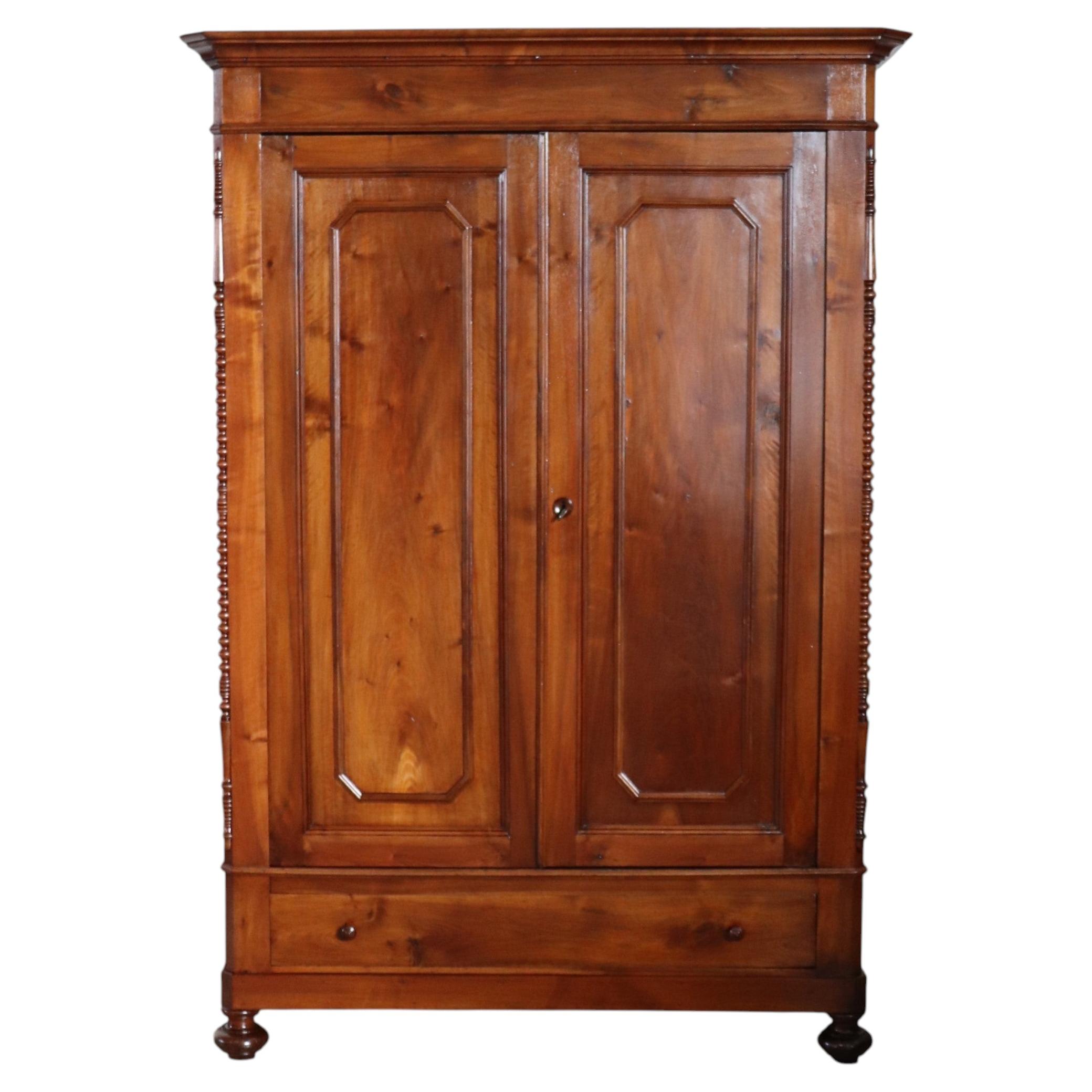 Italian 19th Century Louis Philippe Solid Walnut Antique Wardrobe, Restored