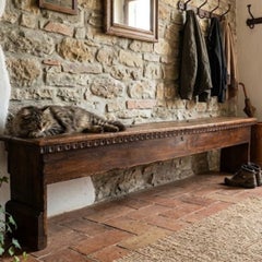 Early 18th Century Italian Rustic Bench in Solid Walnut Wood, Length 216 cm