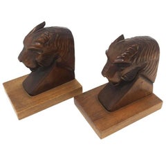 Pair of Art Deco Book Holders in Wood Showing a Panther Head, 1930s