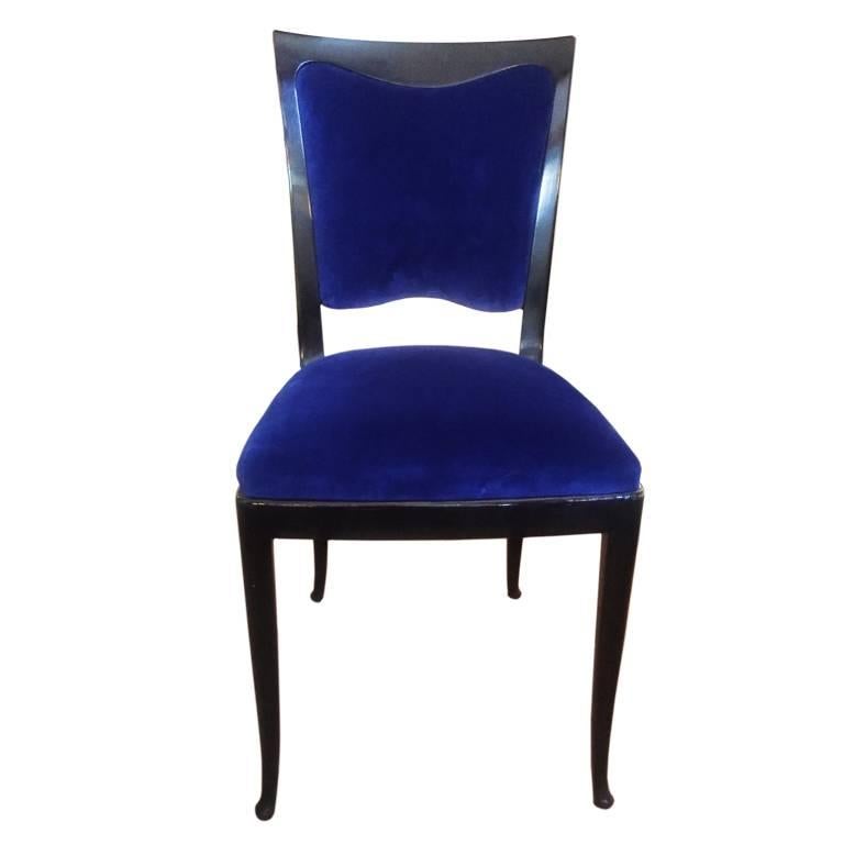 Stunning set of six chairs in ebonized wood and re-upholstered in blue velvet original, France, 1930.
