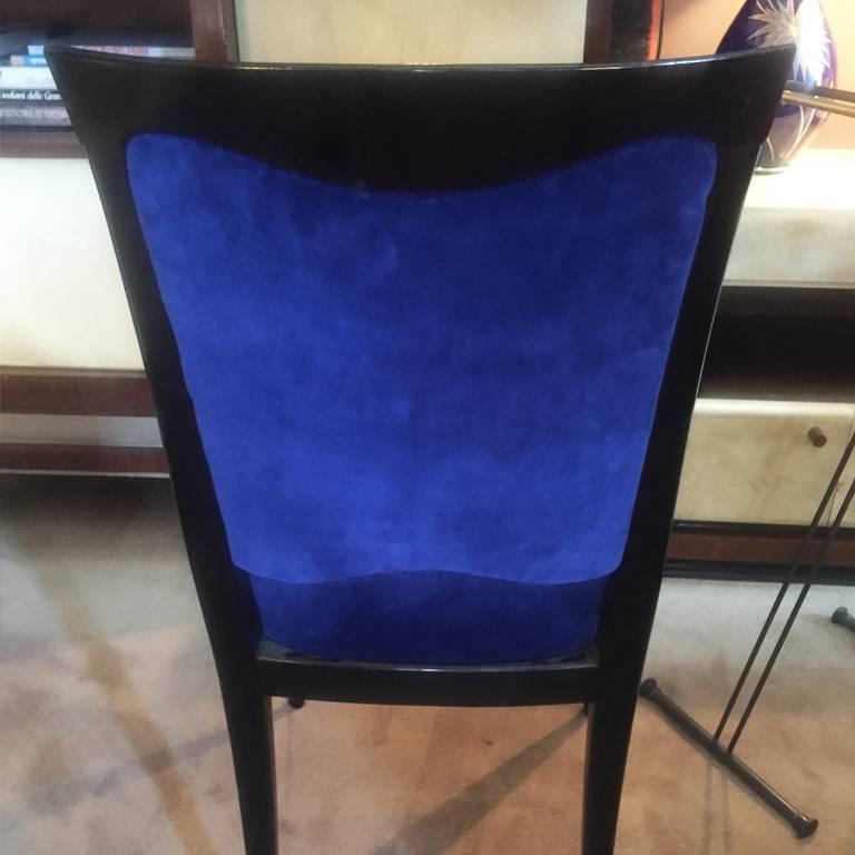 Mid-20th Century Set of Six Original Art Deco Ebonized Wood Blue Velvet Black Dining Chair, 1930