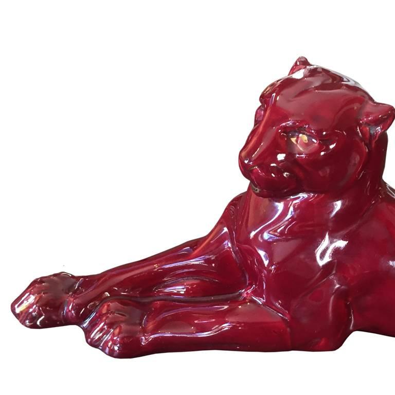 Astonishing Art Deco Bordeaux French panther in ceramic.