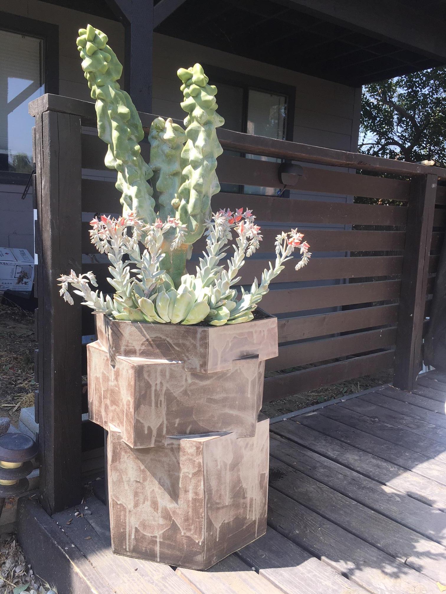 Extra large contemporary ceramic teal Hexagon planter for indoor and outdoor use, in specific climates. Not meant for outdoor winter use. Custom hexagon water tray included with purchase for indoor use, please specify. Unlimited edition, individual