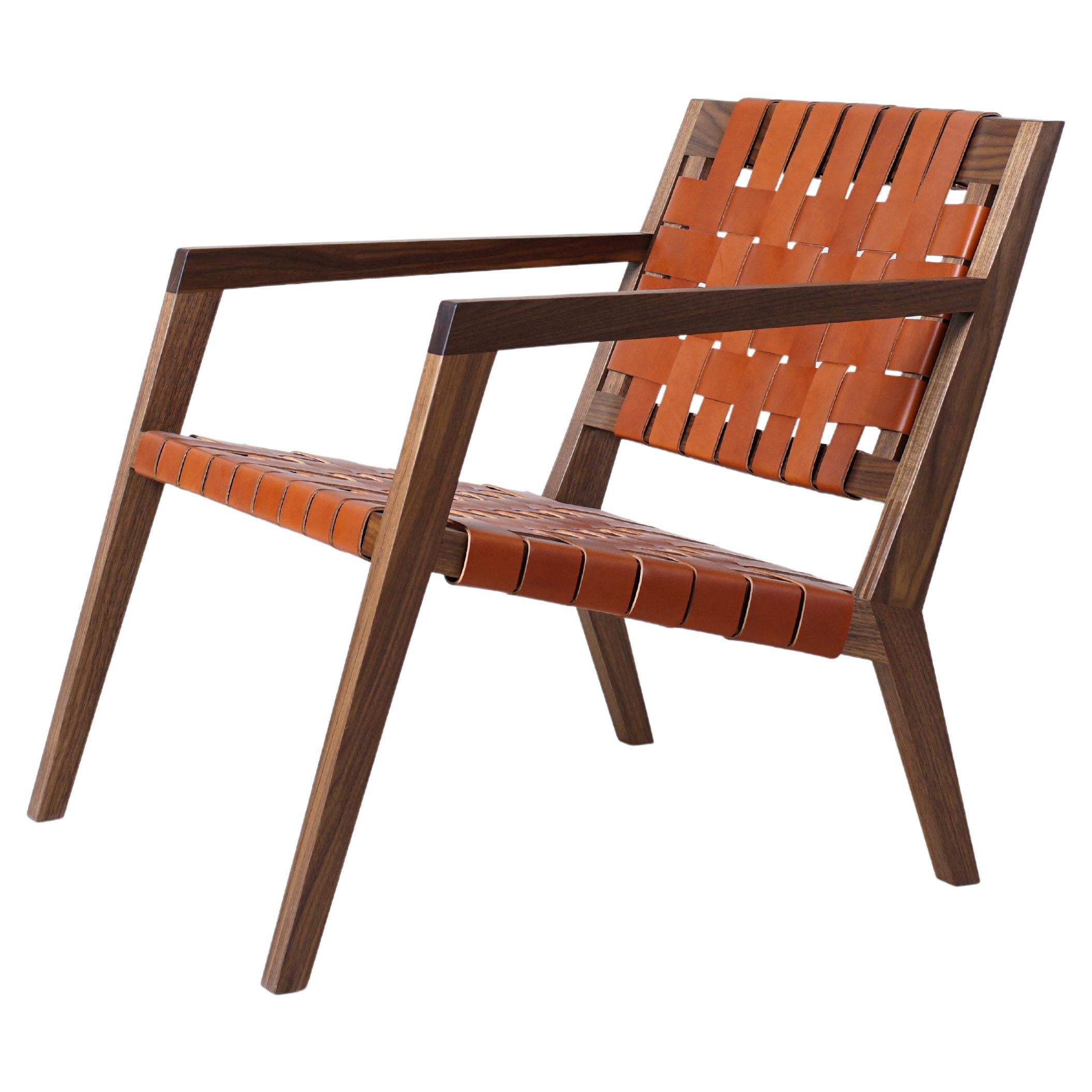 Phloem Studio Nadine Lounge, Modern Wood and Leather Strap Lounge Chair