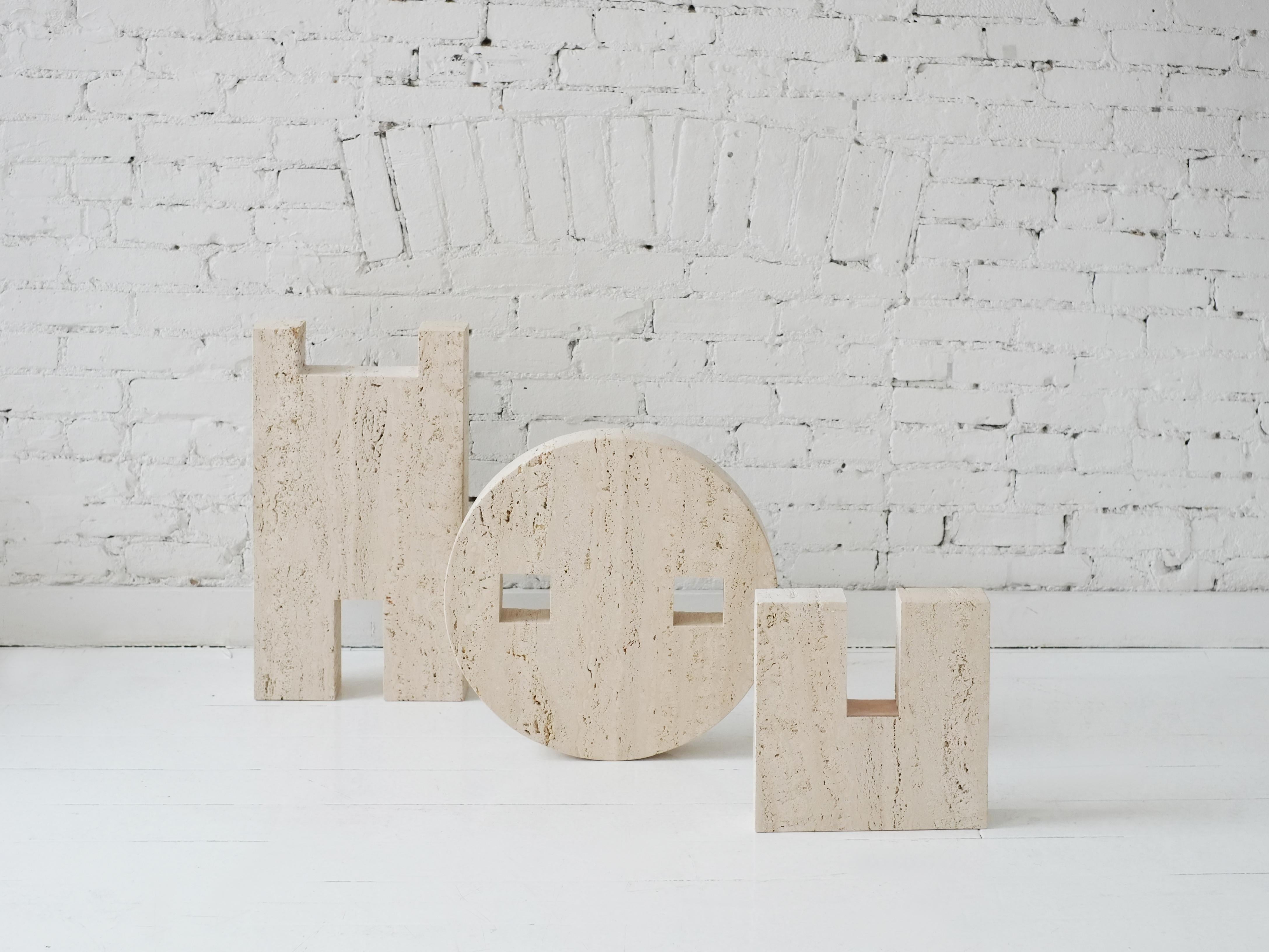 Contemporary Planar Side Table in Travertine Stone by Fort Standard, in Stock 6