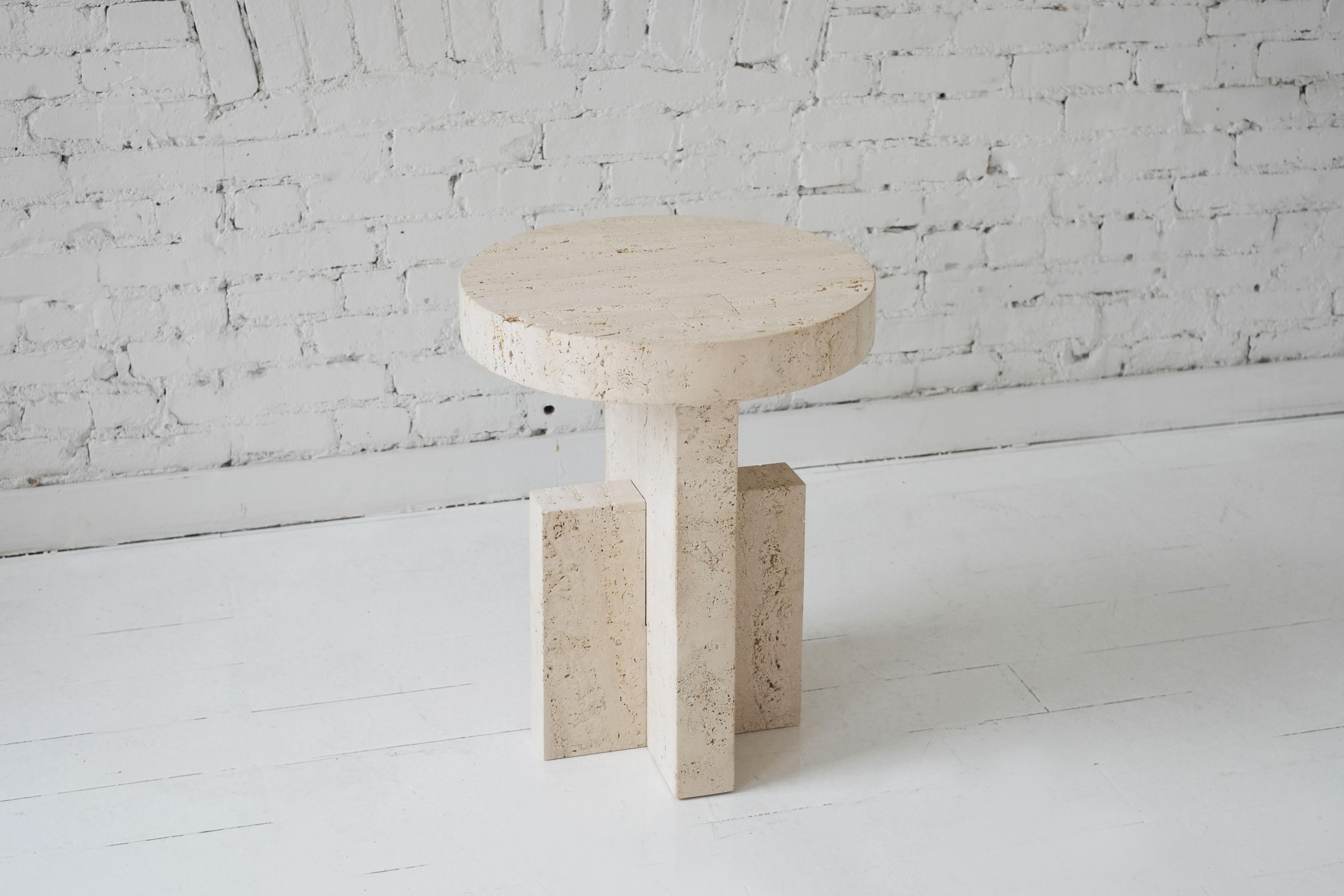 Contemporary Planar Side Table in Travertine Stone by Fort Standard, in Stock In New Condition In Brooklyn, NY