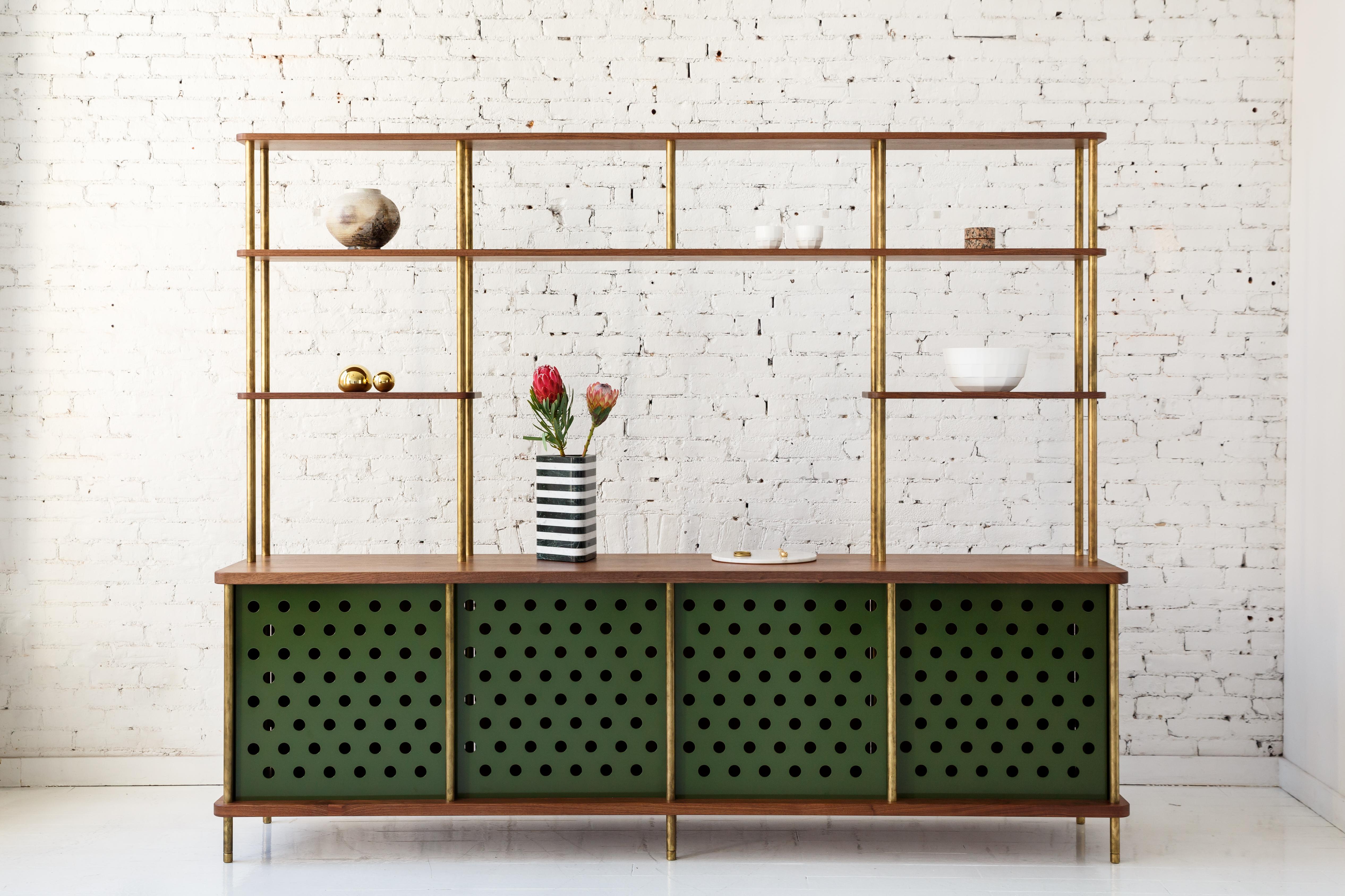 American 3 Door Strata Credenza with Top Shelves in White Oak, Brass by Fort Standard For Sale