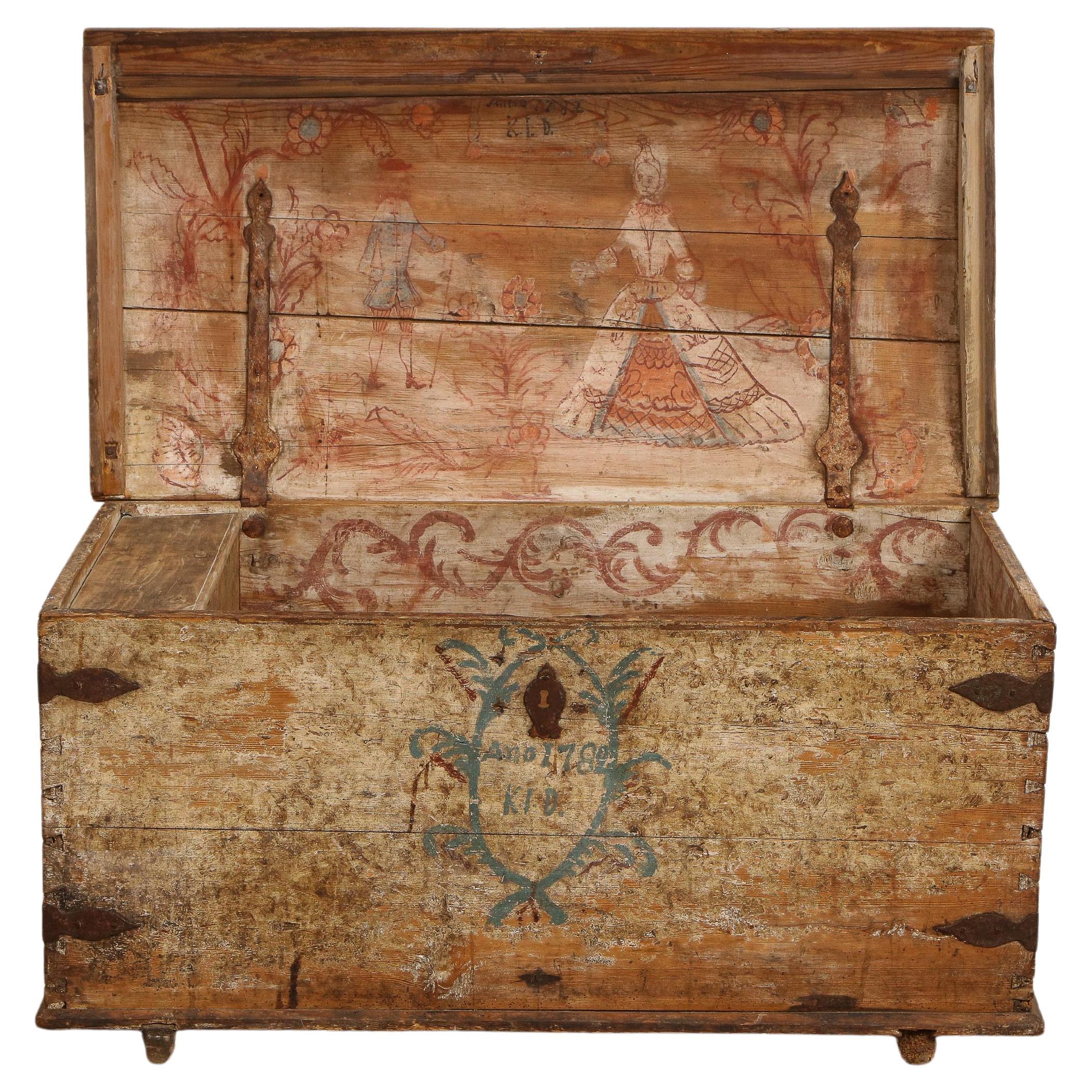 Swedish Gustavian Dowry Chest with Exceptional Interior Painting, Dated 1782 For Sale