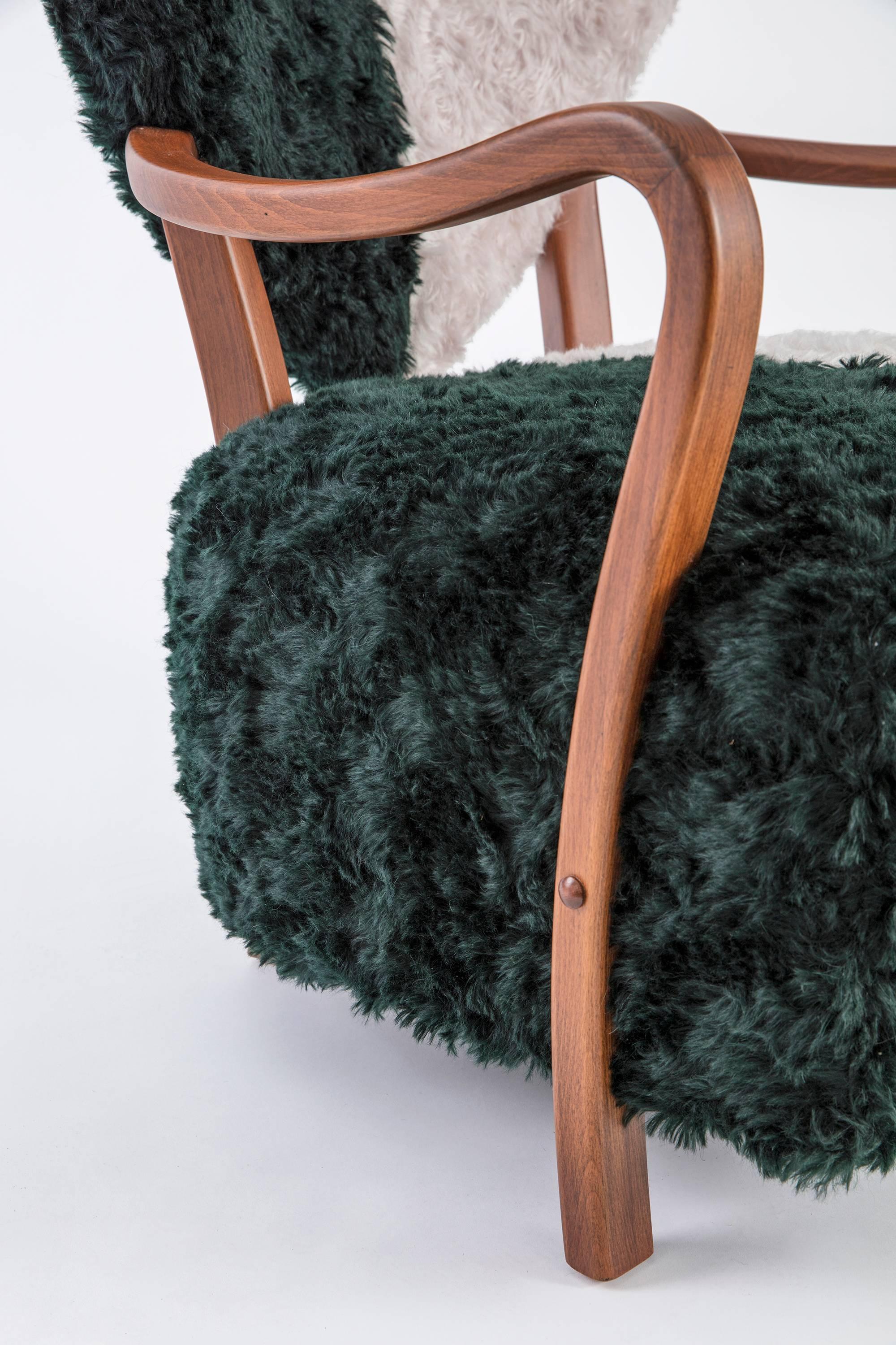 Hand-Crafted Contemporary Beechwood Uni Armchair with Green and Cream Mohair Upholstery For Sale