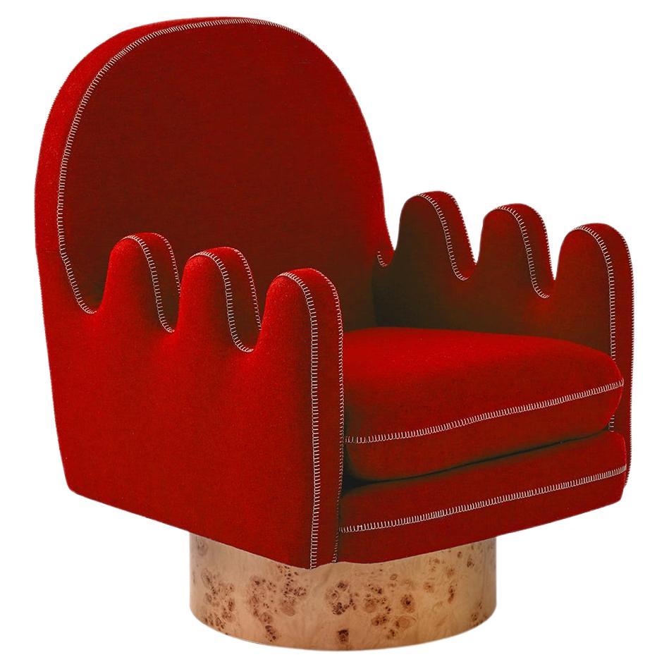Semo Armchair with Light Red Fabric and Polished Burl Wood For Sale
