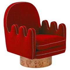 Semo Armchair with Light Red Fabric and Polished Burl Wood