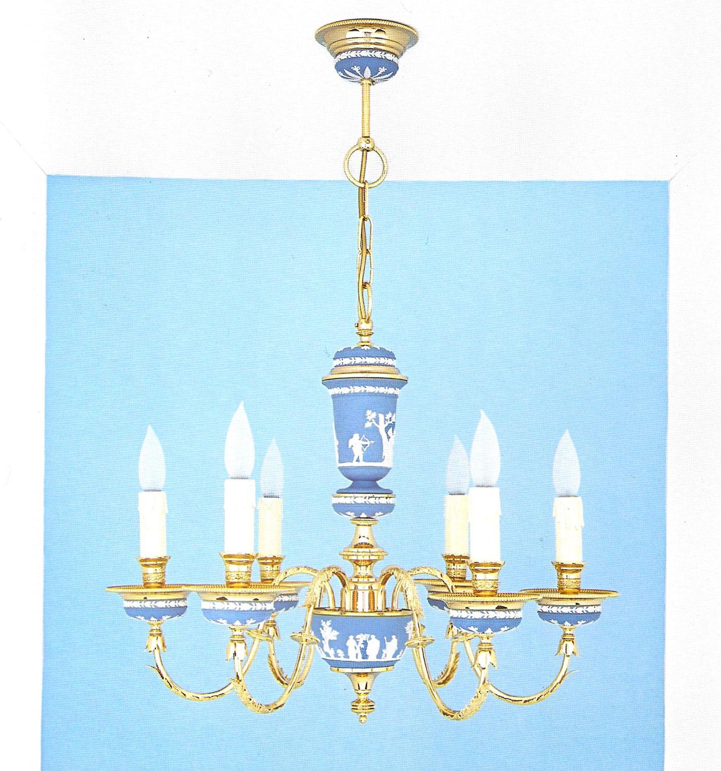 This elegant and glamorous 6 lights Chandelier in sky-blue color, is one of the latest pieces manufactured by a well known Italian factory during the 1970’ and then left in stock until today. The Greek and Roman scenes have been applied by hand and