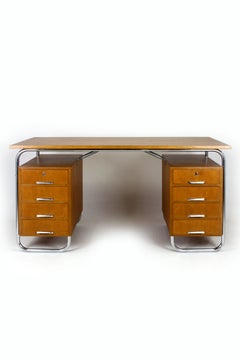 Double-Sided Bauhaus Tubular Desk in Oak and Chrome from Mücke-Melder, 1930s