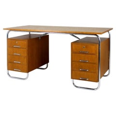 Double-Sided Bauhaus Tubular Desk in Oak and Chrome from Mücke-Melder, 1930s