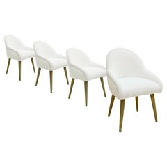 Mid-Century Modern White Boucle Brass and Beechwood Italian Set of Four Chairs