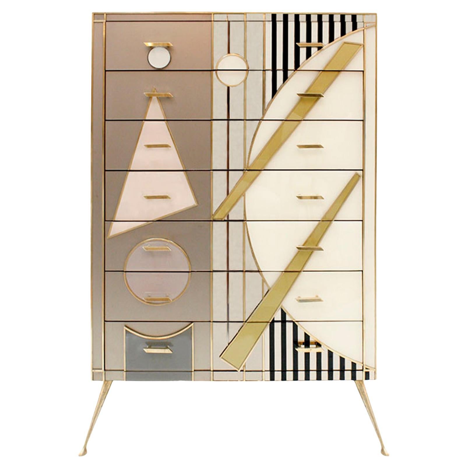 Midcentury Style Multicolour Large Italian Commode Composed of Seven Drawers For Sale