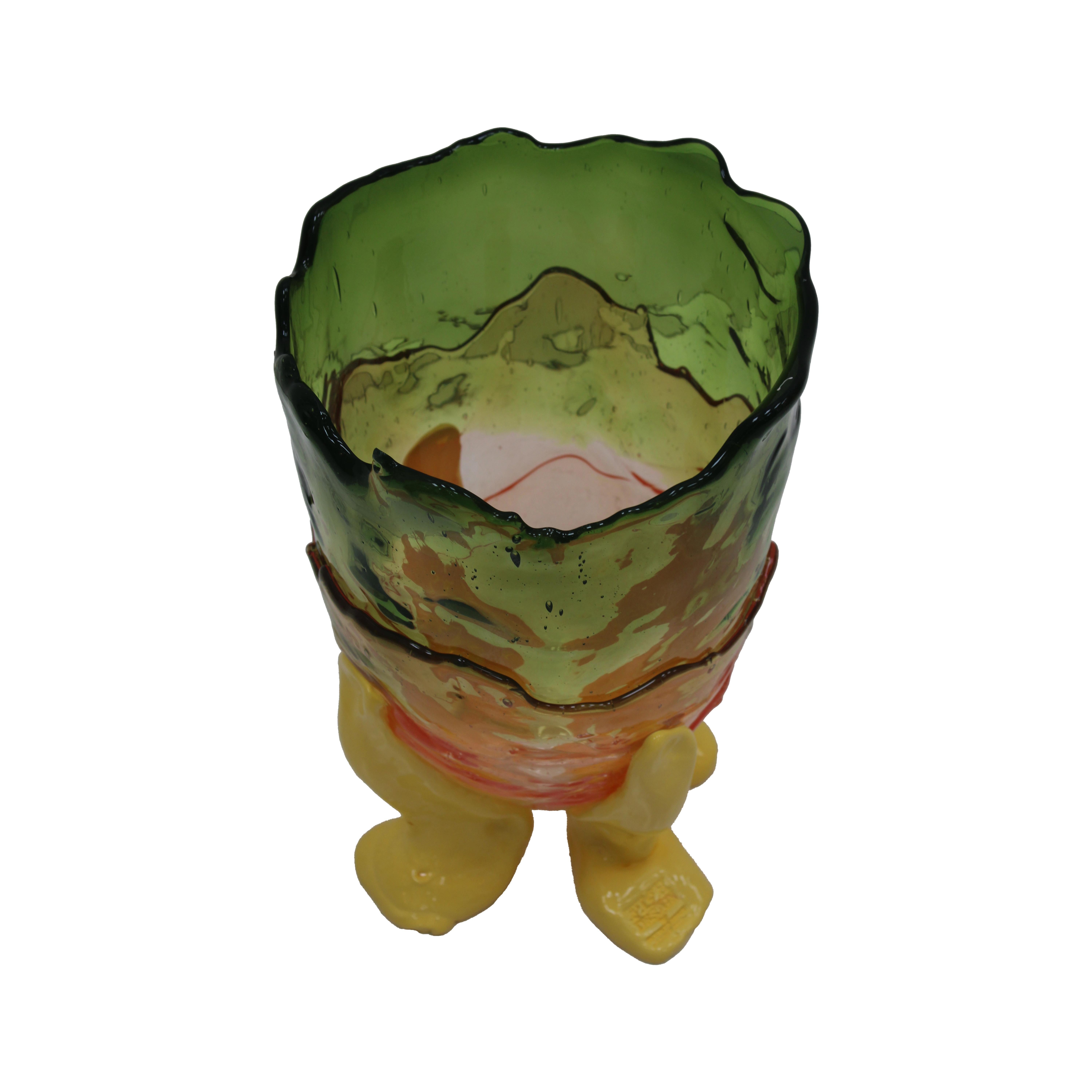 Contemporary arty vase designed by Gaetano Pesce in 1995 and produced by Fish Design. Made of colored soft resin. Handcrafted in green, yellow, turquoise, and orange resin.

Fish is a celebration of Gaetano Pesce’s boundless creativity, a master in