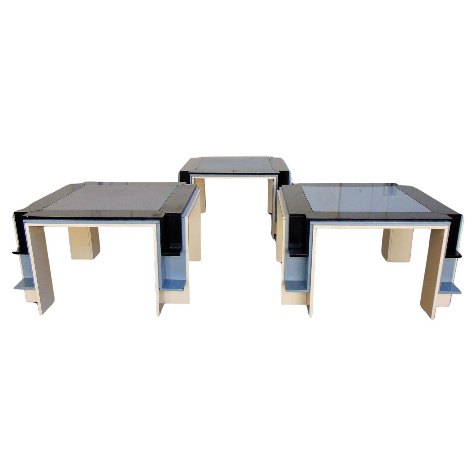 1986 Memphis Style Game and Dining Tables Glossy Black Gray Cream Lacquer For Sale