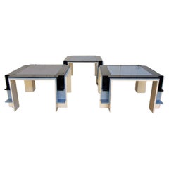 Retro 1986 Memphis Style Game and Dining Tables Glossy Black Gray Cream Lacquer