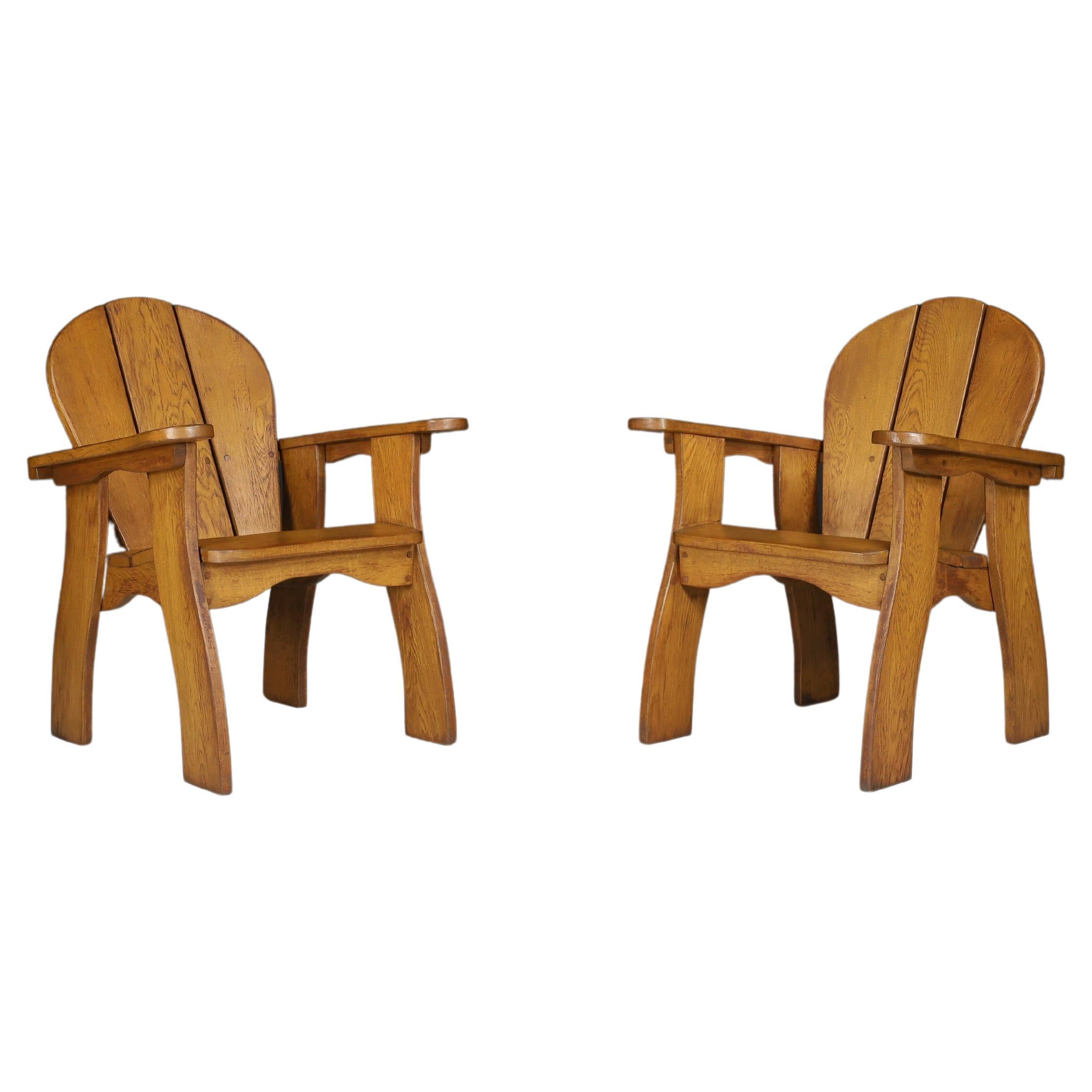 Sculptural Armchairs in Oak, France, 1960s For Sale