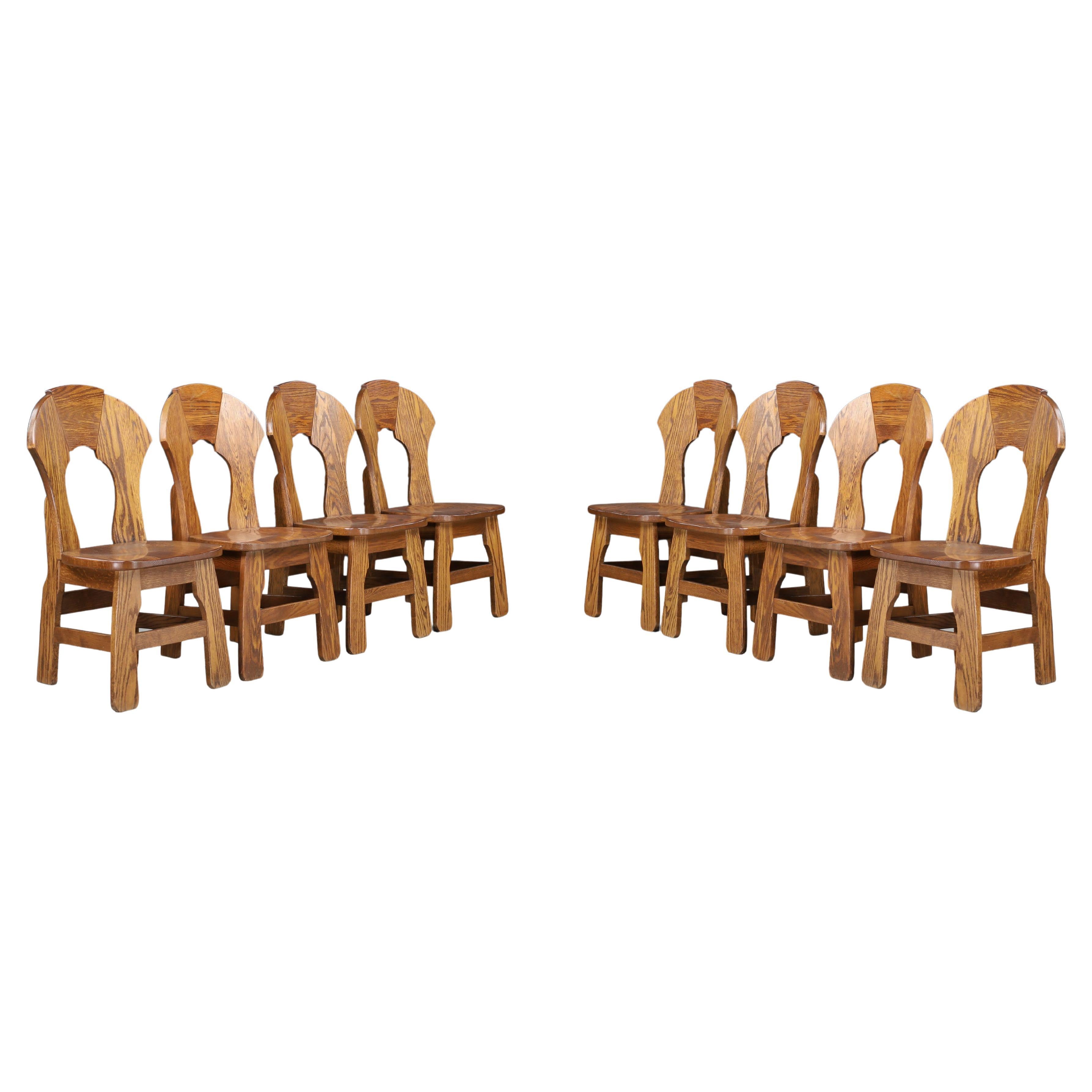 Brutalist Solid Oak Dining Chairs Set of Eight, Belgium, 1970s Design For Sale