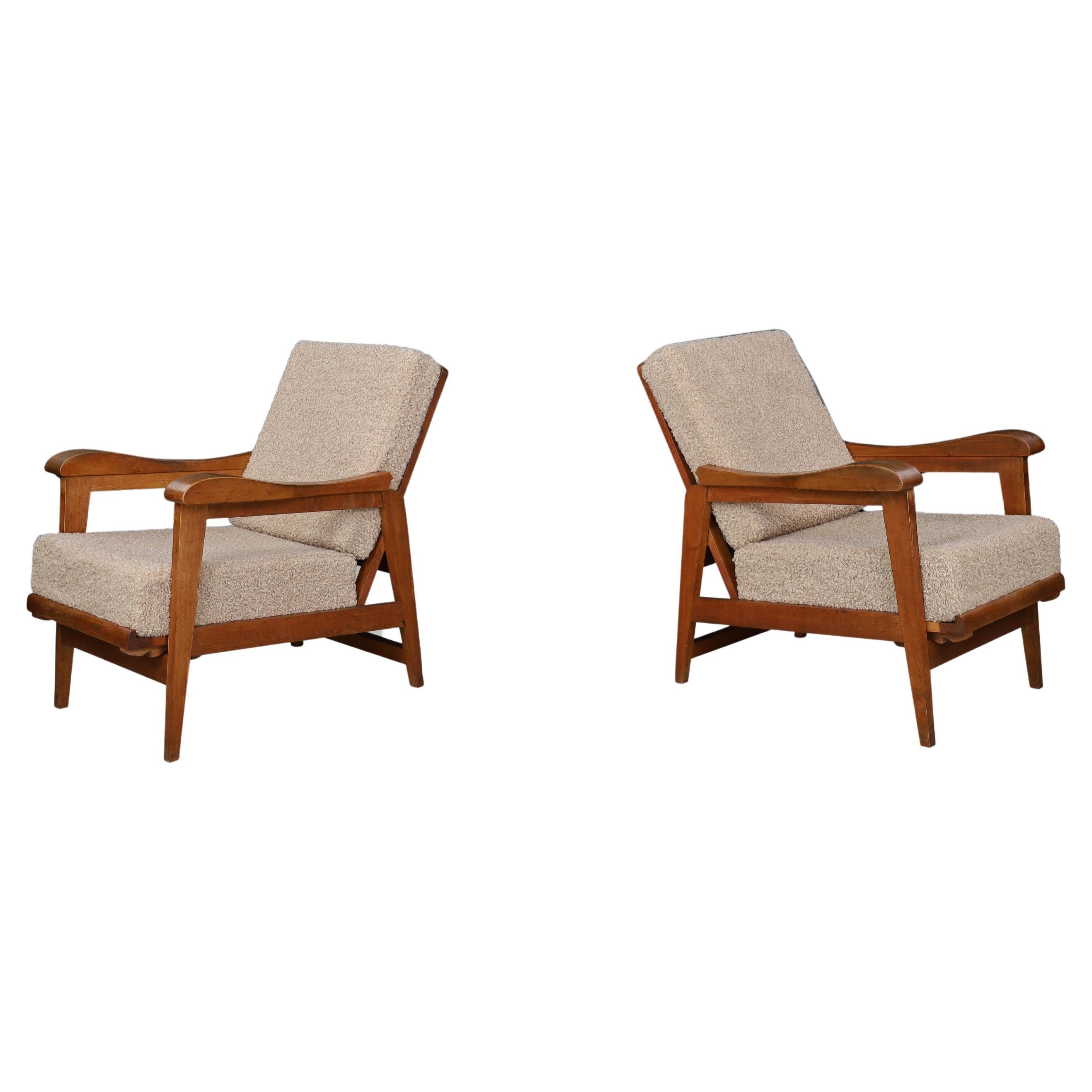 Brutalist Sculptural Adjustable Lounge Chairs in Oak and Teddy Upholstery France