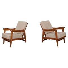 Brutalist Sculptural Adjustable Lounge Chairs in Oak and Teddy Upholstery France