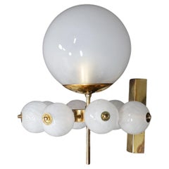 Mid-Century Wall Lights with Brass Fixture & Hand-Blown Pearl-White Glass Globes