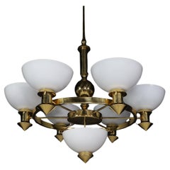 Sculptural Italian XL Chandelier, Brass & Opaline Glass, 1970s