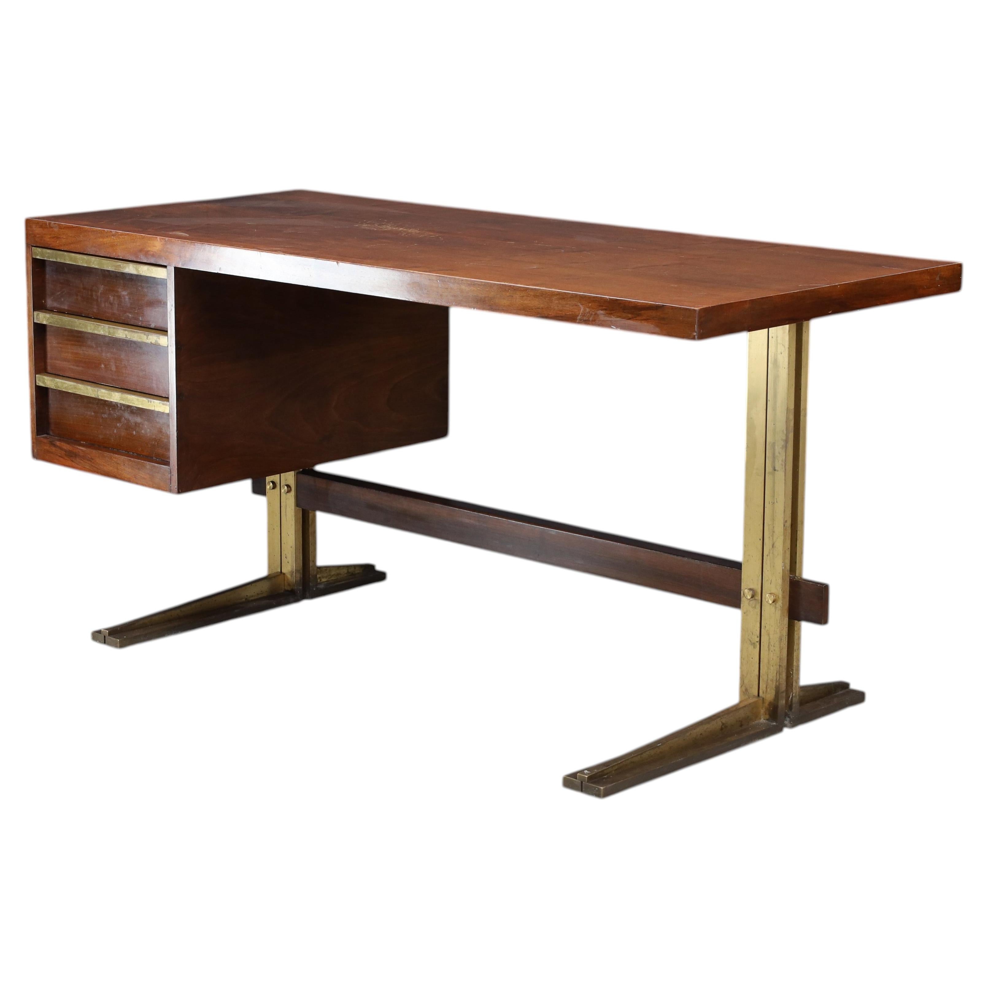 Exceptional Italian Walnut Desk with Patinated Brass Base, Italy, 1950s For Sale