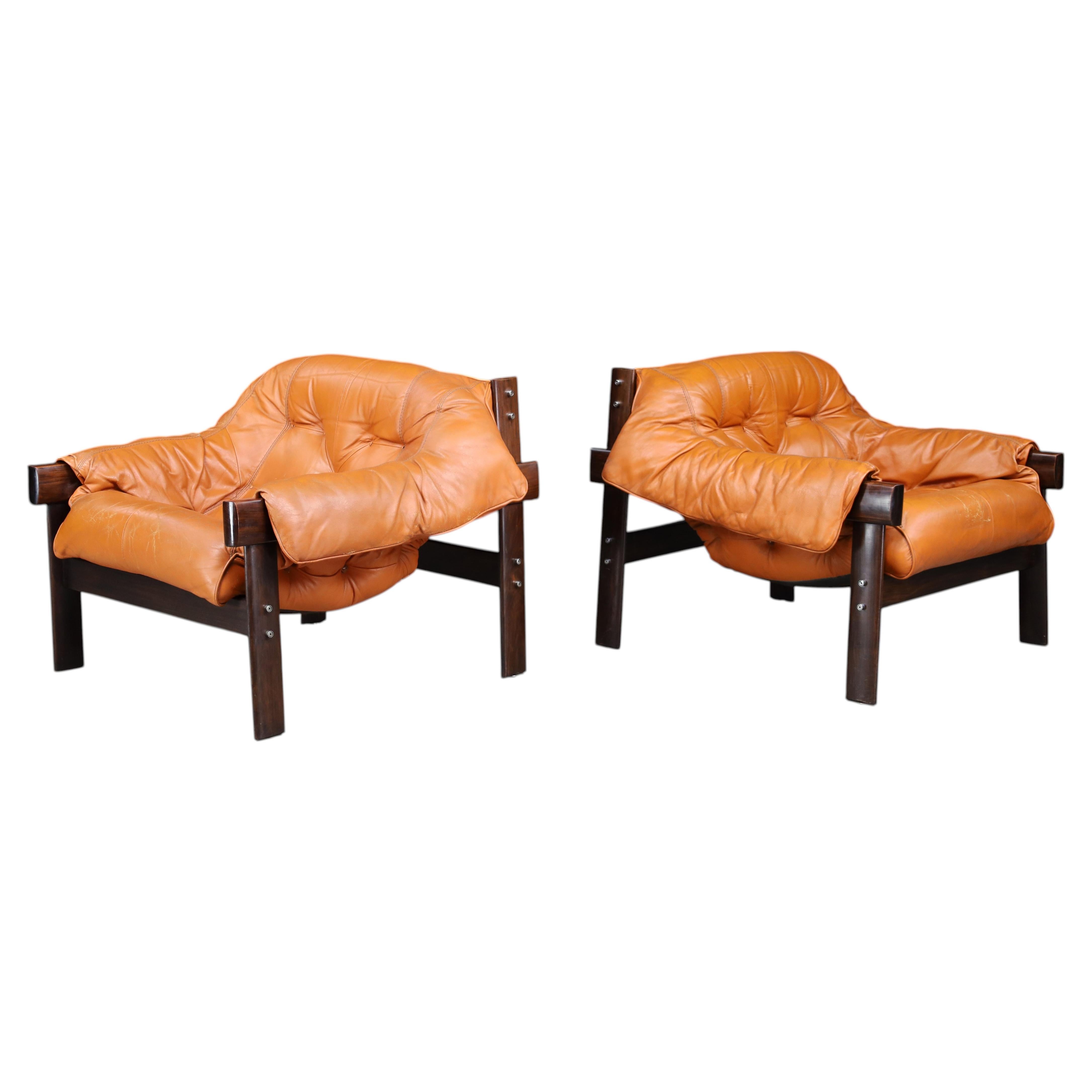Pair of Percival Lafer MP-41 Lounge Chairs in Original Cognac Leather Brazil 70s