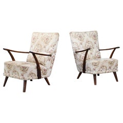 Pair of Italian Art Deco Sculptural Walnut Armchairs with Original Upholstery