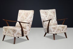 Pair of Italian Art Deco Sculptural Walnut Armchairs with Original Upholstery