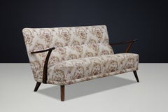 Italian Art Deco Sculptural Walnut Sofa with Original Floral Upholstery, 1930s