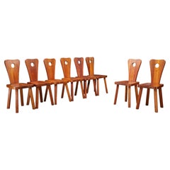Set of 8 Solid Pine Dining Chairs with Cut-Out Backs, Alsace, France, 1960s