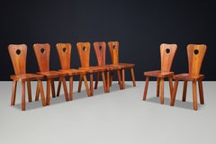 Set of 8 Solid Pine Dining Chairs with Cut-Out Backs, Alsace, France, 1960s
